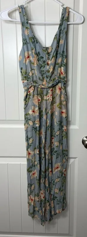 American Eagle women’s blue green floral‎ sleeveless capri jumpsuit summer XS thumbnail 1