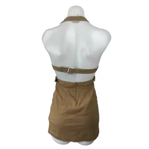 Zara Women's Tan Buckle Strap Halter Sleeveless Square Neck Mini Bodycon Dress S thumbnail 4