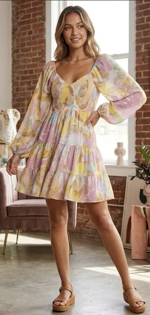 Bohme Colorful Floral Tiered Mini Dress Puff Sleeves Size Small Smocked thumbnail 1