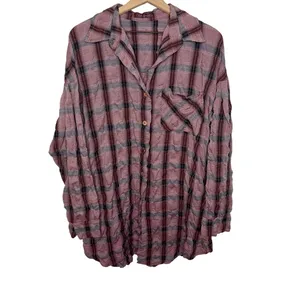 CUTLOOSE Women's XL Plaid Long Sleeve Shirtdress Maroon Burgundy Y2K Grunge thumbnail 2