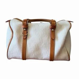Vintage Dooney & Bourke White Monogram Canvas Barrel Satchel Bag Leather Trim thumbnail 7