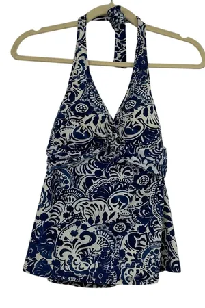 Lauren Ralph Lauren Blue & White Floral Print Halter Tankini Swimsuit Top 10 thumbnail 1
