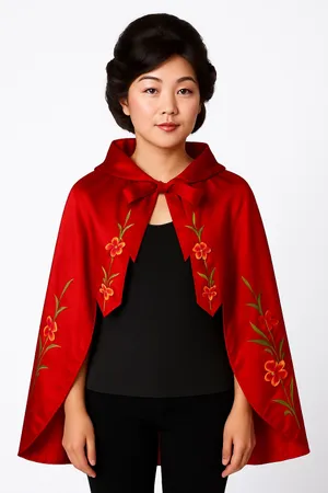Vintage Red Silk Embroidered Padded Cape with Floral Satin Stitch Detail small thumbnail 1