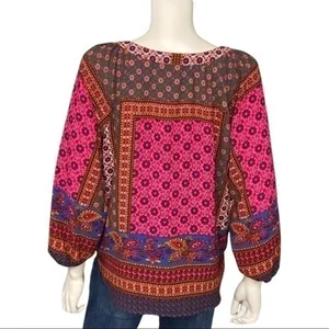 New Direction Boho Floral Button Front Tie Hem Top Pink Purple Print Size L thumbnail 4