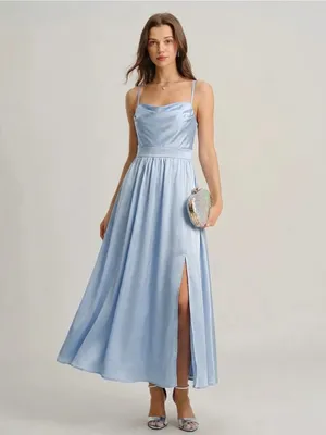 Rihoas Blue Satin Ruched Slip Maxi Dress thumbnail 2