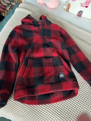 Red and Black Buffalo Plaid Sherpa Hoodie Jacket thumbnail 1