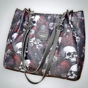 Gothic Edgy Black Skull & Red Floral Tote with Dual Straps thumbnail 1