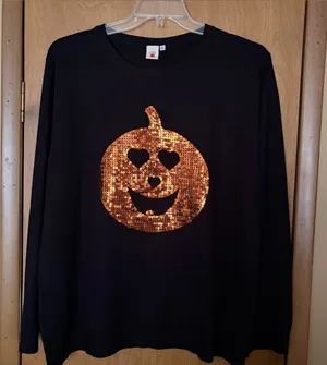 DARI Halloween Pumpkin Sequin Sweater Black Knit Jack O Lantern Women's XL EUC thumbnail 1