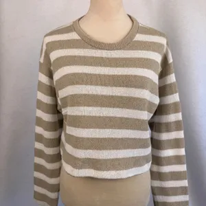 Zara Womens Small Tan White Striped Cropped Knit Sweater‎ Crew Neck thumbnail 2
