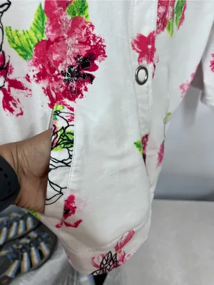 Floral sequin Button-Up Jacket White Pink & Green Flowers pockets L Stained thumbnail 8