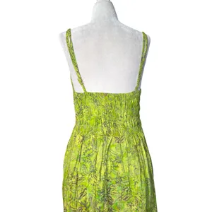 Vintage Lime‎ Green Batik Rayon Tiered Sundress Boho Tropical Midi Dress Artsy thumbnail 6