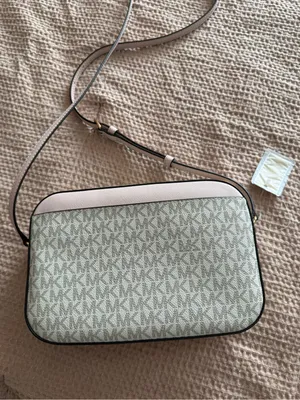 Michael Kors Beige Signature MK Crossbody with Pink Trim and Gold Chain thumbnail 3