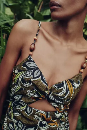 Zara Printed Mini Dress With Cut-Out Detail Tropical Brown Yellow S Small 8 4 36 thumbnail 2