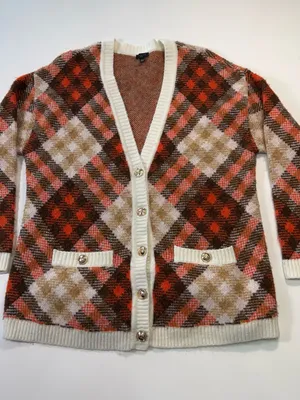 Talbots Plaid Button-Front Cardigan in Cream, Brown, Rust Size LP thumbnail 2