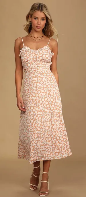 Lulus Timeless Touch Peach Floral Print A-Line Midi Dress Size Small thumbnail 1