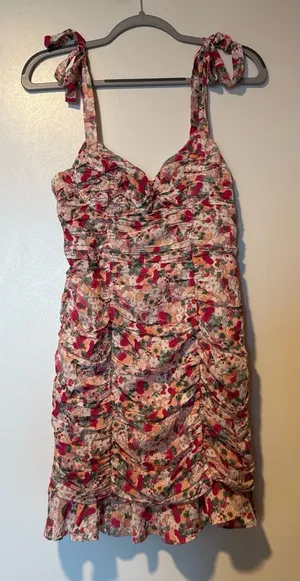 Astr Floral Tie-Shoulder Ruched Mini Dress in Pink and Green thumbnail 1