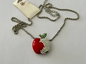 Gorgeous VCLM Rhinestone & Enamel Apple Pendant Necklace W A Silver Tone Chain thumbnail 1