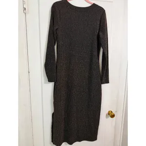 LOFT Womens Black Ribbed Metallic Shimmer‎ Long Sleeve Midi Sheath Dress Small thumbnail 4