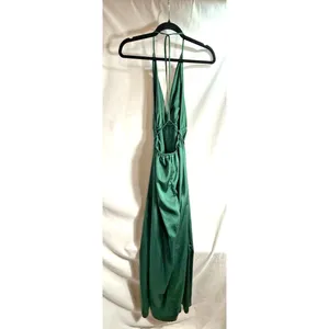 Dress to Success Halter Top Lounging Dress Maxi Women's M Green Satin Open Skirt thumbnail 2