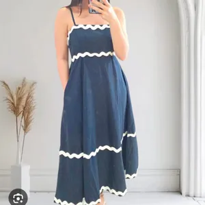 NEW SIM & SAM Linen Blend Navy w/White Trim Tiered Midi Dress M thumbnail 4