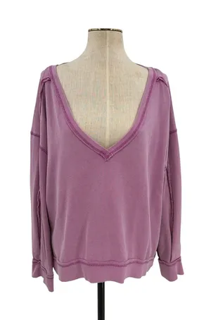 Free People‎ We The Free Oversized V Neck Raw Seam Sweatshirt Purple Small thumbnail 1