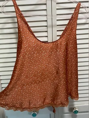 POL Burnt Orange White Polka dot Cami Open Tie Back Lace Trim Size M‎ thumbnail 1