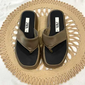 Zara Satin Effect Low Heel Platform Sandals Green Khaki Size EU 36 Minimalist thumbnail 4