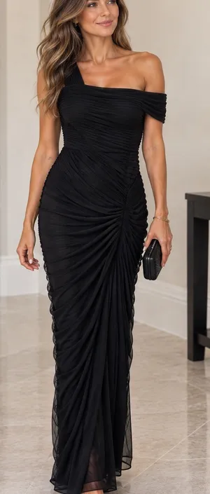 Tadashi Shoji Black Draped Mesh Evening Gown M thumbnail 1