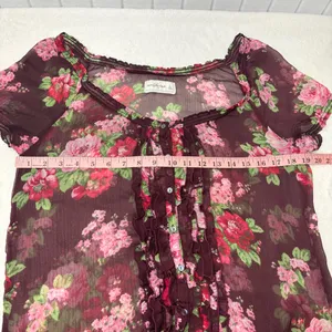 Abercrombie & Fitch Burgundy Maroon Floral Sheer Blouse‎ Boho Size L thumbnail 5