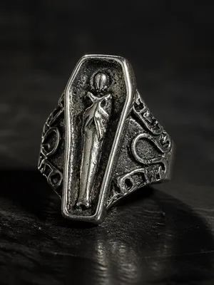 Coffin Shaped Gothic Silver Ring with Figure Size 6 thumbnail 2