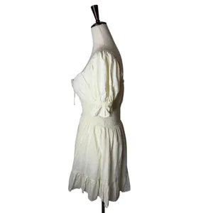 Sabo Mini Dress Women XS Ivory Linen Blend Smocked Puff Sleeve Boho Peasant thumbnail 7