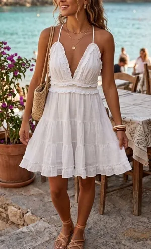 Aakaa White Ruffled Tiered adjustable Spaghetti’s Straps Mini Dress Size M thumbnail 1