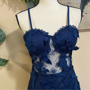 Lulus NWOT Navy Blue 3D Floral Appliqué Sheer Panel Gown Size Small thumbnail 3