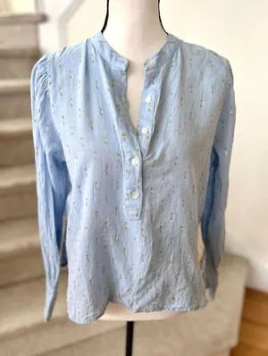 Roller Rabbit Cotton Light Blue Metallic Gold Dot Popover Long Sleeve Blouse thumbnail 1