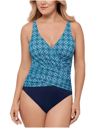 NWT Swim Solutions Tummy-Control One-Piece Swimsuit Tile Together Blue 8 thumbnail 1