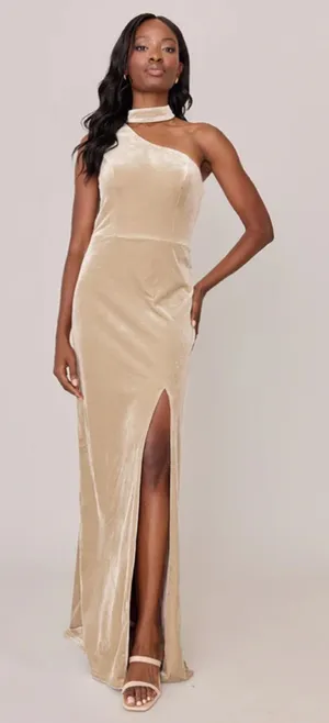 Revelry Margot Velvet Dress Gold Champagne Cut Out Choker Slit Gown Holiday Sz 0 thumbnail 1