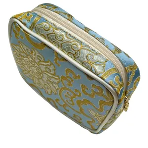 Vtg 60s Baby Blue Gold Chinoiserie Vanity Case 3pc Cosmetic Travel Bag Set thumbnail 9