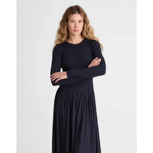 Madewell Ribbed Scoopneck Midi Dress A Line Classic Navy Blue Minimalist L NWT thumbnail 2
