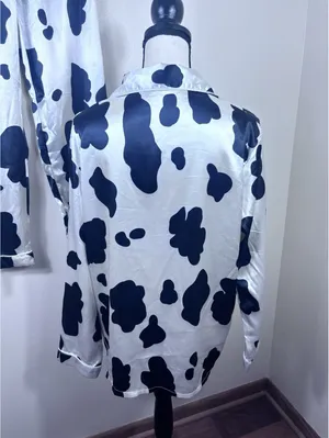 Satin Cow Animal Print 2-Piece Pajama Set Button Front Collared Black/White thumbnail 4