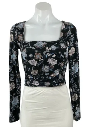 Aritzia Wilfred Women Black Floral Long Sleeve Square Neck Knit Crop Top Size S thumbnail 1