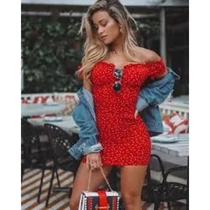 White Fox Mini Dress‎ Women Small Red Floral Smocked Off Shoulder Tie Front thumbnail 3