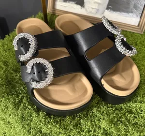 Black Slide Sandals with Crystal Buckle Accents thumbnail 1