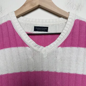 VTG Y2K Faded Glory Women Preppy Sweater XS Pink White Striped Cable Knit thumbnail 4