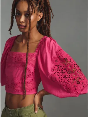 FARM Rio Pink Lace Puff sleeve Cropped Blouse thumbnail 4