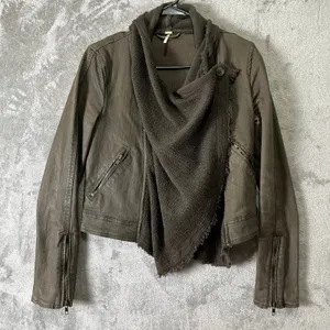 Free People Draped Scarf Collar Faux Leather Jacket Boho Grunge Biker 2‎ Green thumbnail 1