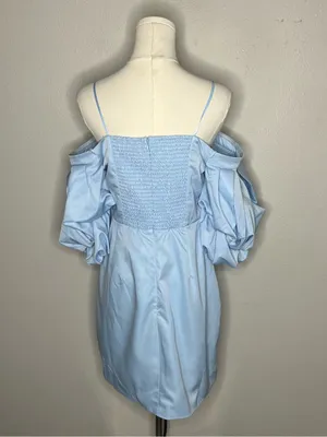 NEW Petal + Pup Fern Puff Sleeve Off Shoulder Mini Dress in Icy Blue thumbnail 4