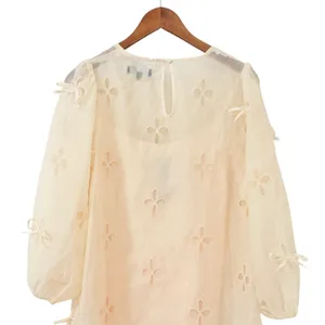 Lulus Aamira Cream Embroidered Bow Blouson Sleeve Shift Mini Dress size S NWOT thumbnail 8