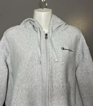 Champion Hoodie Womens XL Gray Full Zip Fleece Cropped Sweatshirt Logo Athletic thumbnail 1