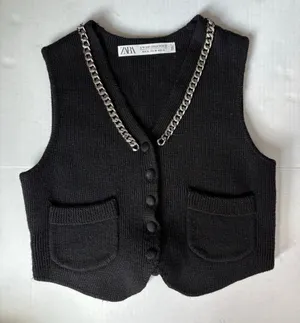 Zara 100% wool chain link neckline knit waist coat vest black XS thumbnail 1