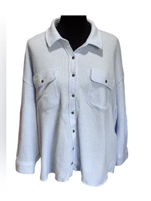 $79 NWOT Aerie LumberJane Waffle Knit Shirt / Shacket in light blue M thumbnail 2